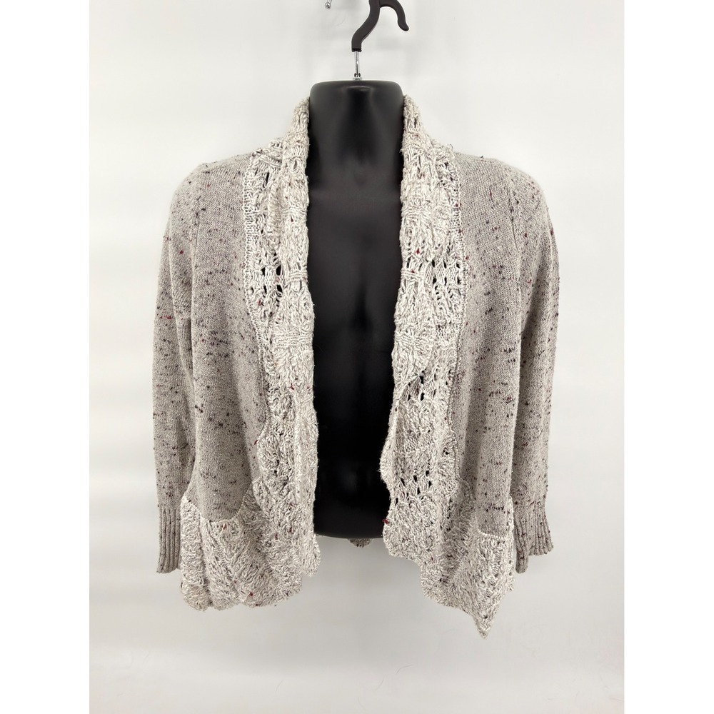 Boutique Confetti Knit Cardigan Sweater Small Gray Pink Speckled Lace Trim‎ Open